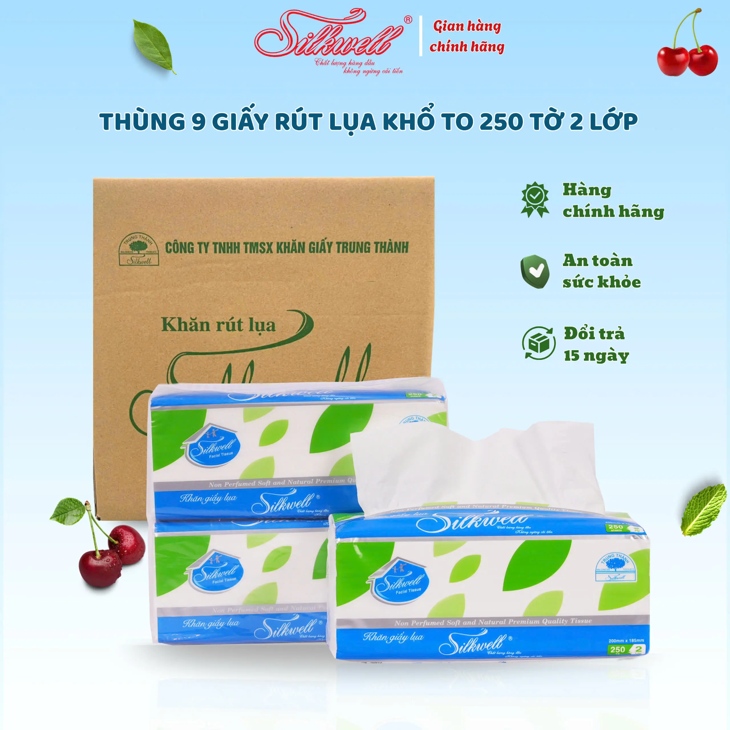 Thùng 9 Gói Giấy Ăn Rút Lụa Silkwell 250 Tờ 2 Lớp Khổ To Siêu Mềm Mịn Không Tẩy Trắng, Không Bụi Giấy Hàng Chính Hãng