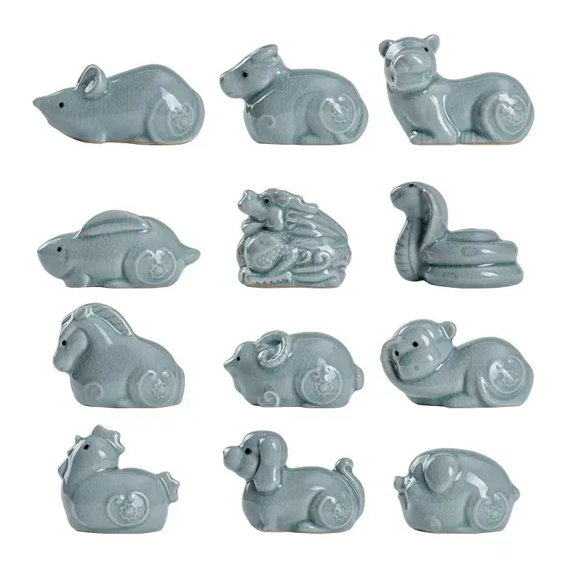Ge Kiln Zodiac Sign Tea Ornaments Gracked Glaze Tea Tray Ornament Rabbit Rat, Ox and Tiger Dragon Snake Horse and Sheep Chicken Monkey Dog Pig
