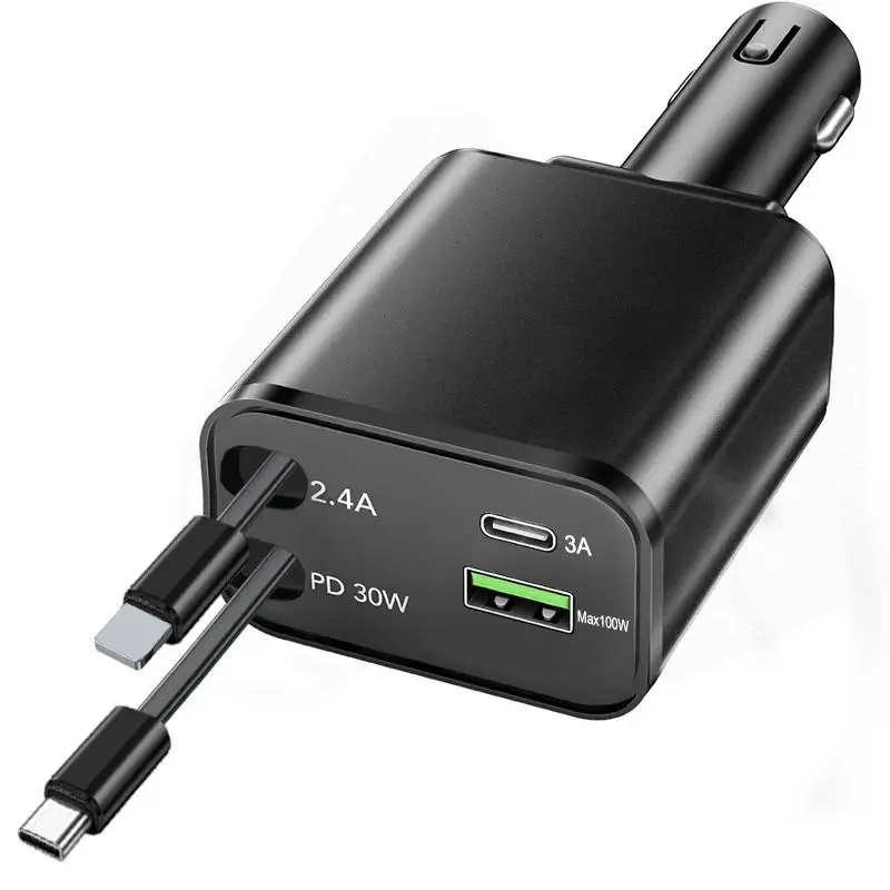 4 in 1 Car Retractable Charger, PD30W Fast Charging USB Port Car Charger Adapter with Automatic Retractable Cable, Multifunctional Car Charger for iPhone & Android, Car Accessories