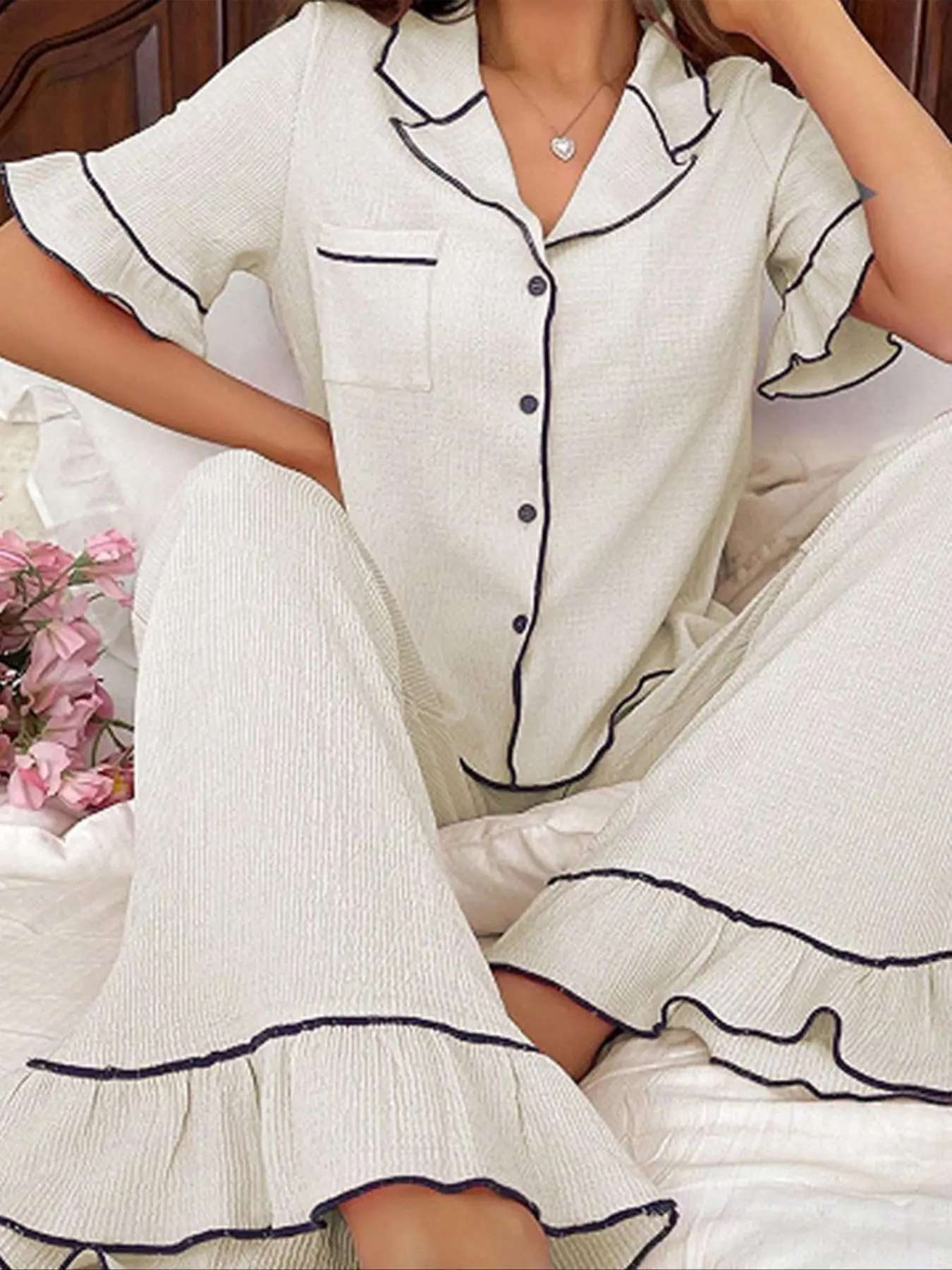 Women's Solid Jacquard Ruffle Trim Pajama Two-piece Set, Elegant Flap Pocket Lapel Neck Short Sleeve Top & Wide Leg Pants PJ Set, Ladies Summer Sleepwear, Loungewear