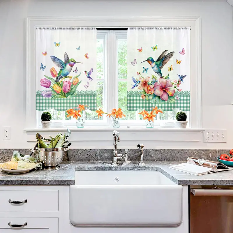 Floral & Hummingbird Pattern Curtain, 2 Counts/set Modern Simple Short Curtain, Window Curtain for Home Living Room Bedroom Kitchen Bathroom 6