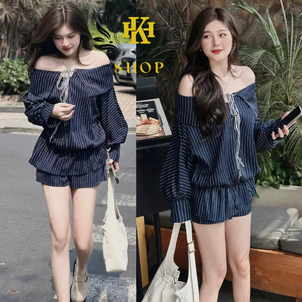 Set Đồ Nữ - Áo Trễ Vai Kẻ Xanh Cổ Nơ Tay Phồng Kèm Quần Short Rời Siêu Xinh HK SHOP