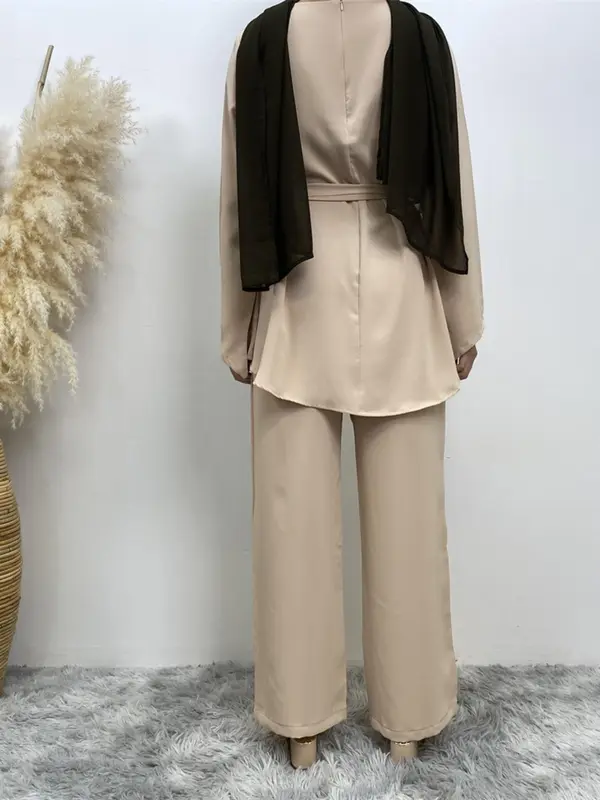 Two-Piece Set Women's Solid Zip Up Belted Top & Wide Leg Pants Two-piece Set, Modest Long Sleeve Round Neck Top & Trousers for Daily Wear, Ladies Fall Clothes 3