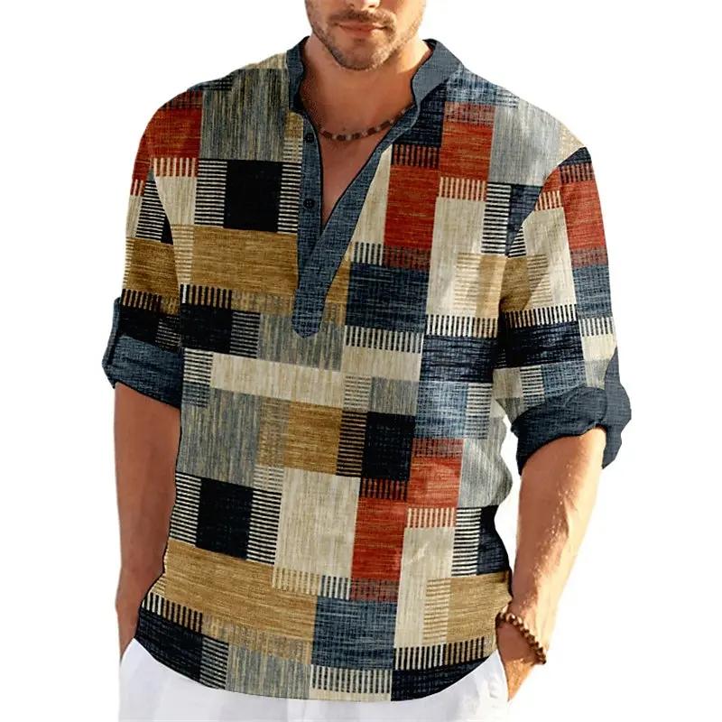 Product Introduction of Men's Spring and Summer Retro Fashion 3D Printed Color blocked Grid Pattern Henley Collar Long Sleeve Shirt Top 8
