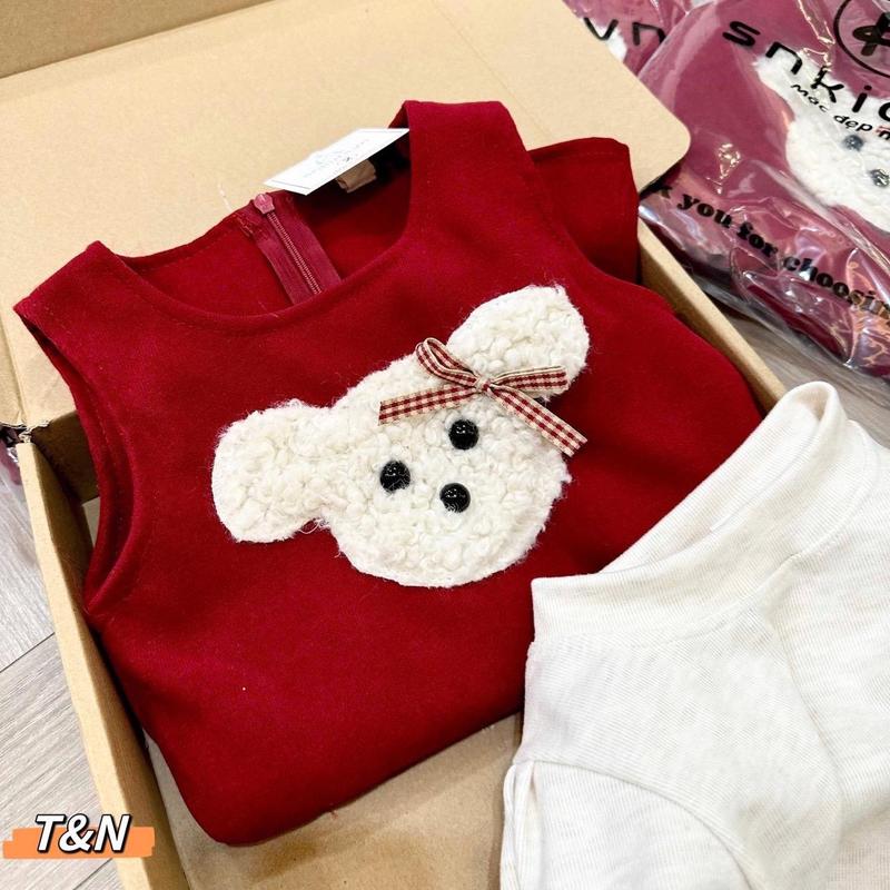 [ 10 - 20kg ] set váy Nhung 2 chi tiết kèm áo lông thỏ gấu đính nơ Hồng 8