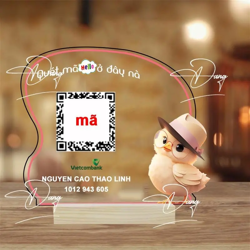 Bảng mã QR Co.de Stender đứng để thanh toán bằng mica chống nước với thông tin ngân hàng in trên sản phẩm
