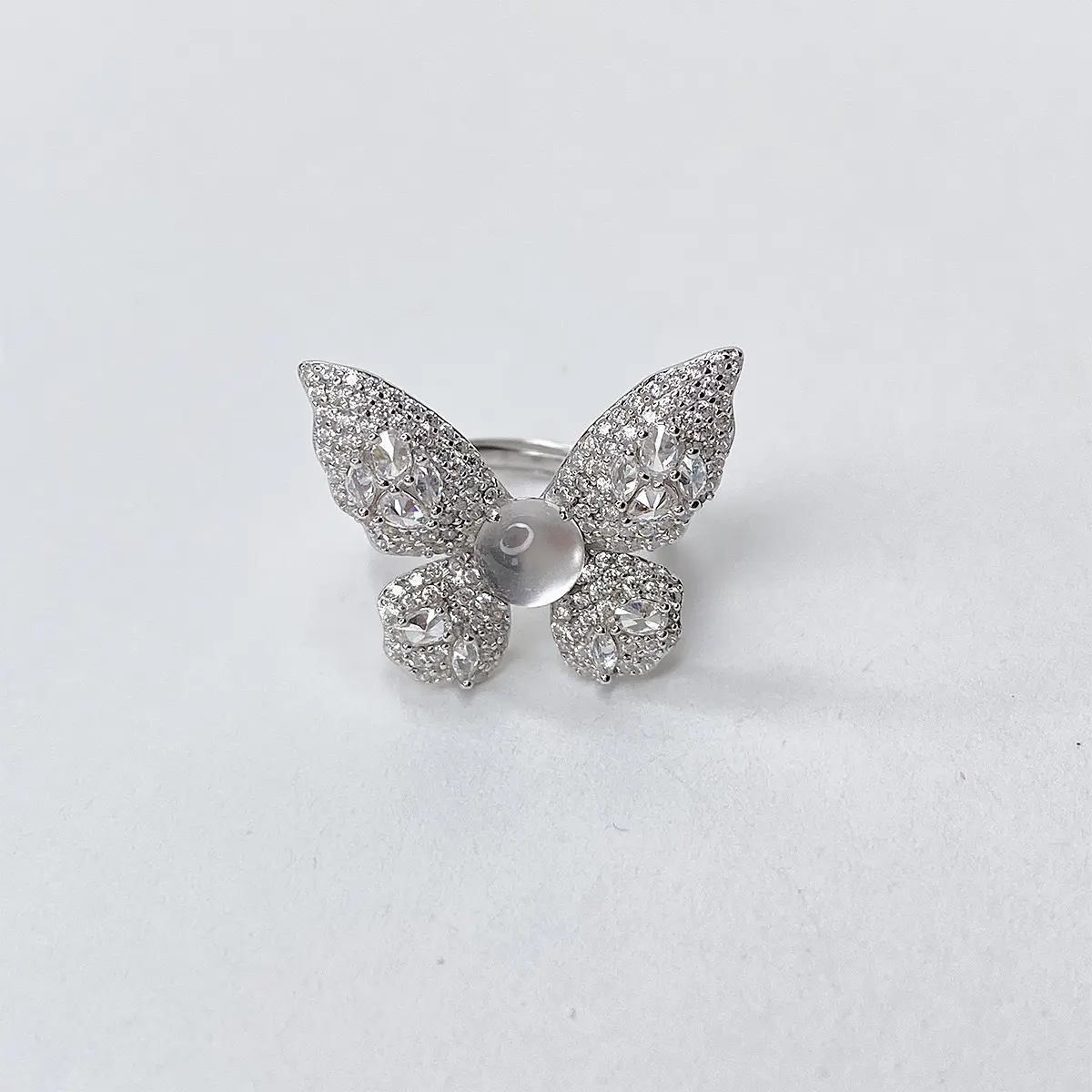 S925 Sterling Silver New Chinese Style Floating Butterfly Shadow High Ice Water-Foam Jade Full Diamond Ring Beautiful Elegant Butterfly Open-End Ring