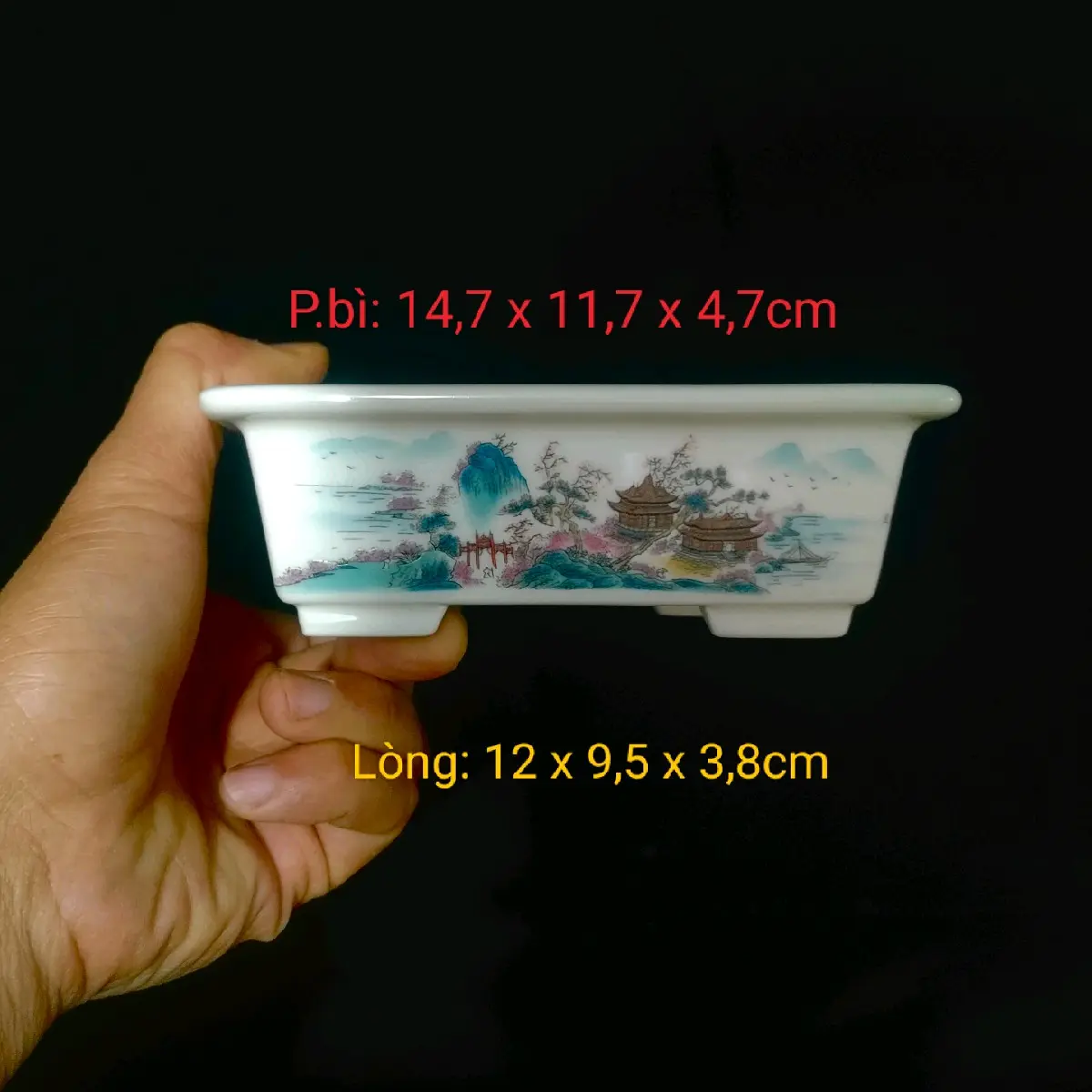 Chậu chữ nhật hoạ tiết phong cảnh; chế tác bán thủ công