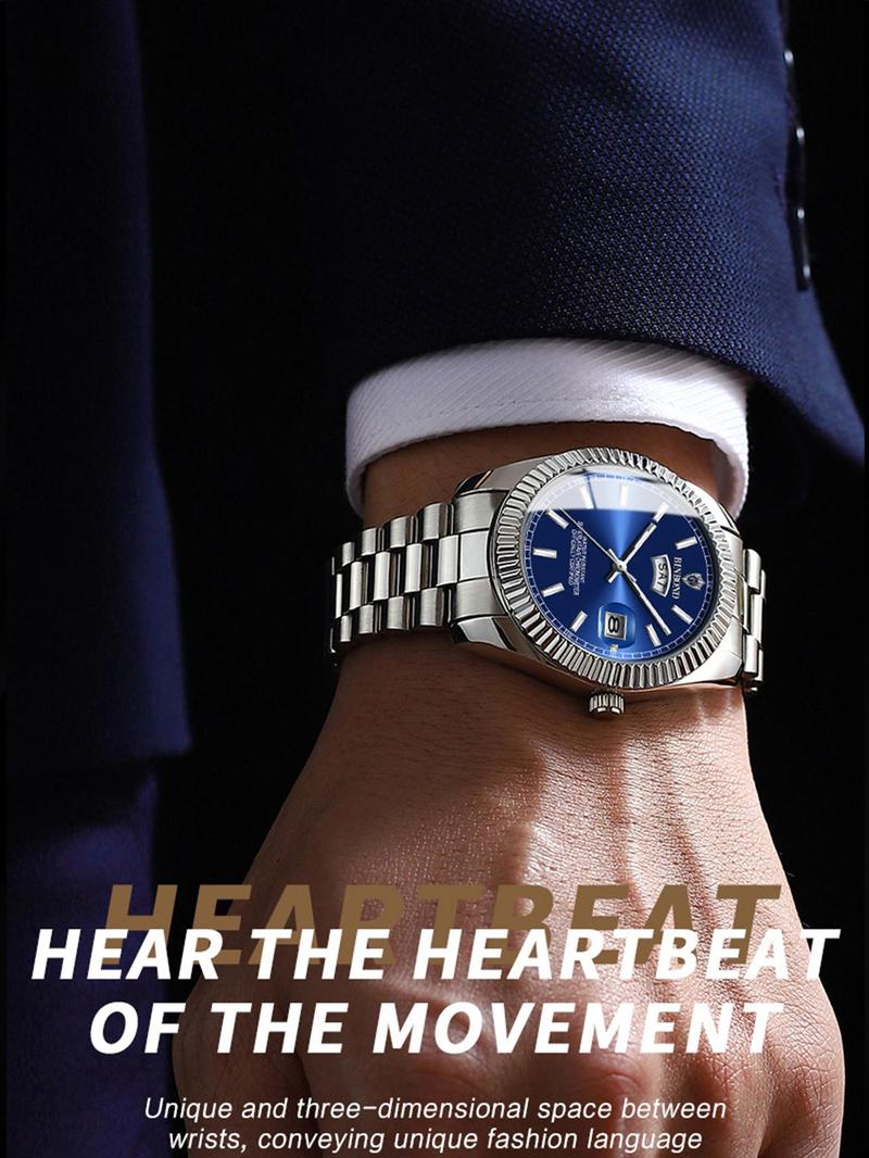 Product Introduction of Men's Business Fashion Round Dial Stainless Steel Strap Quartz Watch, Fashion Watch for Party, Daily Clothing Decor, Trendy All-match & Exquisite Watch for Birthday Gift with Box 5