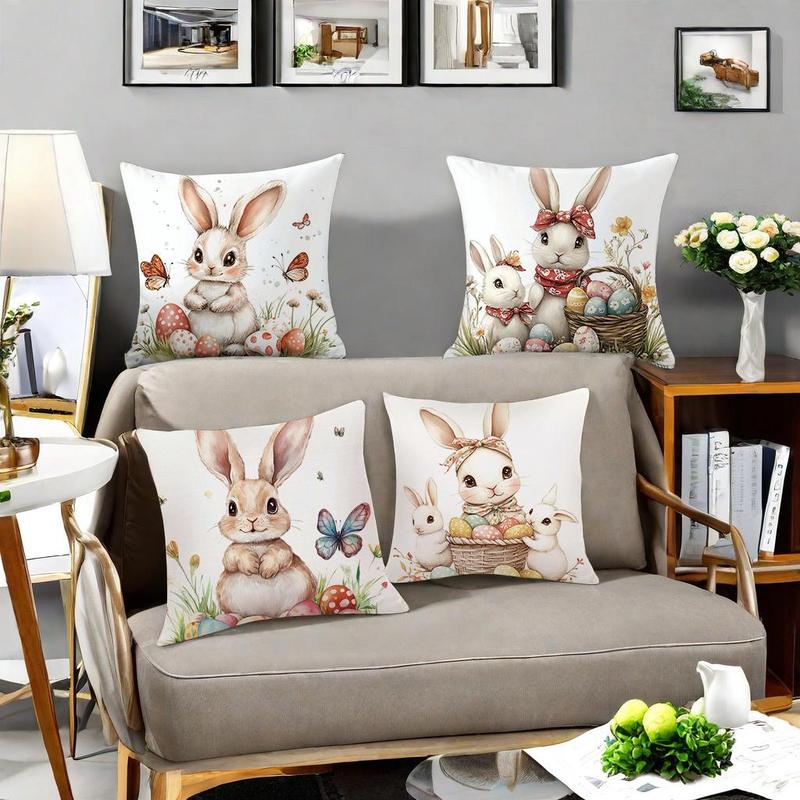 Easter Themed Cushion Cover, 4 Counts/set Rabbit & Egg Pattern Cushion Cover without Filler, Decorative Cushion Cover for Home Sofa Bed 2