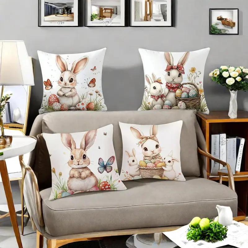 Easter Themed Cushion Cover, 4 Counts/set Rabbit & Egg Pattern Cushion Cover without Filler, Decorative Cushion Cover for Home Sofa Bed 2