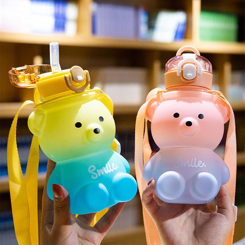 Cartoon Bear Design Water Bottle, Cute Large Capacity Water Drinking Bottle with Straw & Adjustable Strap, Portable Drinking Bottle for Home School Camp Outdoor 7