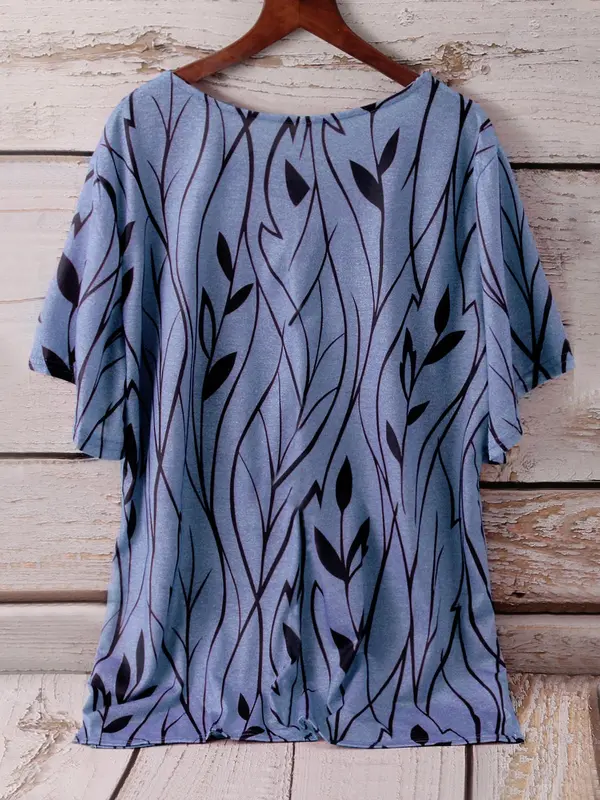 Plus Size Leaf Print Batwing Sleeve Tee, Casual Scoop Neck Half Sleeve T-shirt for Summer, Women's Plus Size Clothing for Daily Wear 1
