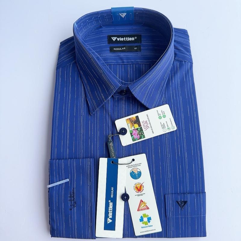 Áo sơ mi nam việt tiến   fom regualr (mã 1Q1234-1233) nền xanh đen sọc trắng