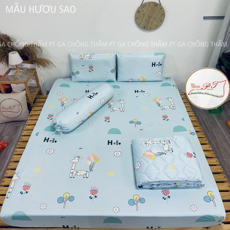Bộ ga chống thấm cao cấp PT chính hãng kèm vỏ gối, drap chống thấm kích thích thị giác cho bé (Hươu Sao Kem )