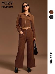 YOZY Women's Solid Zip Up Jacket & Pocket Wide Leg Pants Two-piece Set, Long Sleeve Outerwear & Button Trousers for Fall & Winter, Women's Clothes for Daily Wear, Fall & Winter Outfits