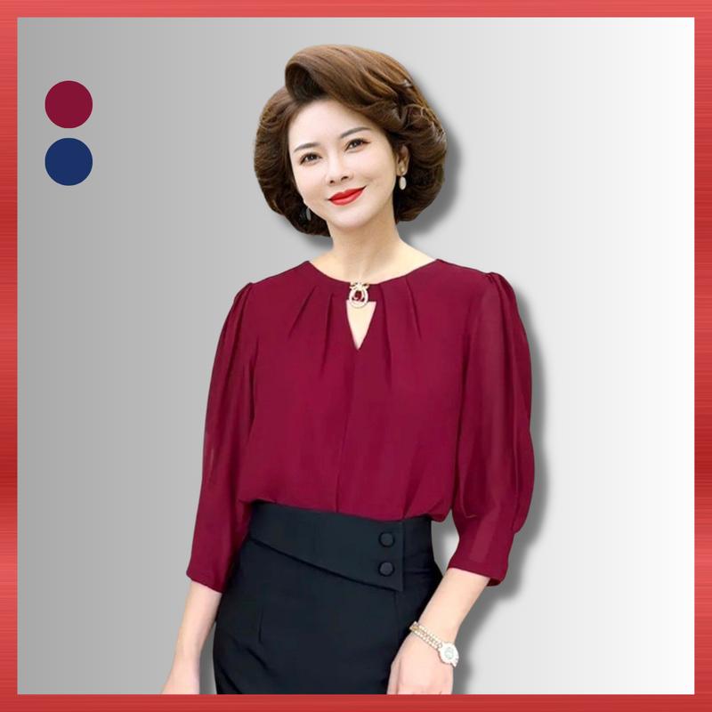 Áo Kiểu Nữ A100, Mẫu Sơ Mi Xếp Ly Tay Lỡ Phối Phụ Kiện Chất Chiffon Sang Trọng, Top Thời Trang Trung Niên Women NP Clothing