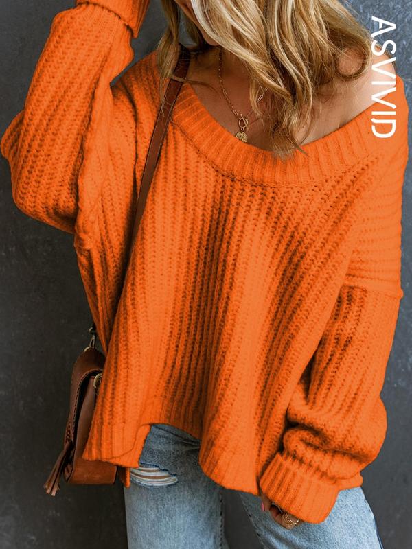 Women's Plain Textured Split Hem Scoop Neck Sweater without Necklace, Casual Drop Shoulder Long Sleeve Jumper for Fall & Winter,  Knitwear for Daily Wear 2