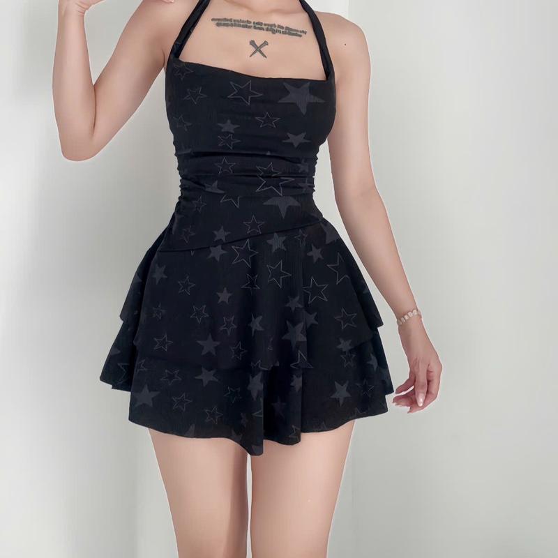 Đầm body nữ xòe tròng cổ hoa nhí tôn dáng đầm xòe Lolystore đen Women