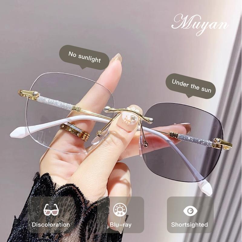 Kính râm, kính nữ, chống ánh sáng xanh, tự động đổi màu, kể cả cận thị, lão thị, chức năng đổi màu, đơn giản, thời trang, tròng kính chống tia UV, Muyan YJ01 nhựa đen bạc-xám, Kính Mắt Titan