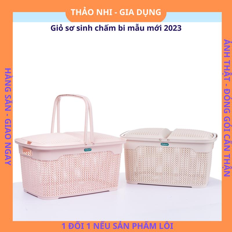 Làn đi sinh có quai xách cho mẹ cỡ lớn, nắp chấm bi hokori mẫu mới, giỏ đi sinh Rổ