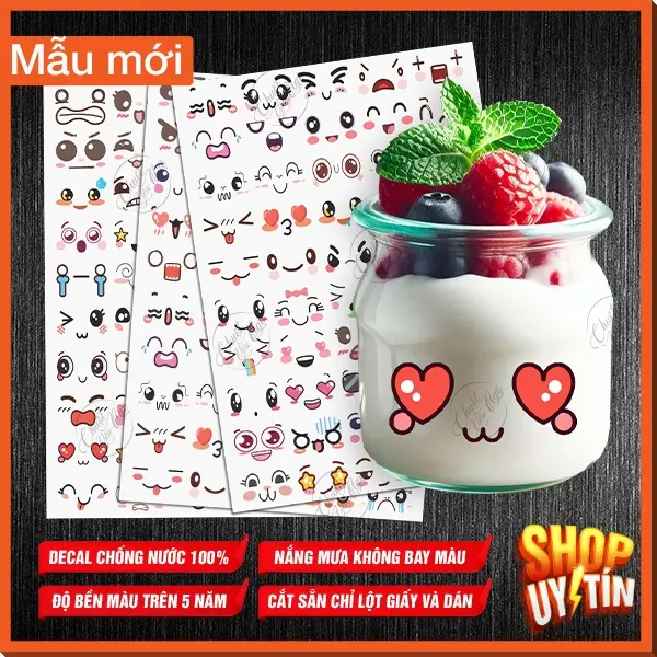 Combo 400 nhãn dán trang trí hủ bánh flan sữa chua mặt cười dễ thương nhựa trong không thấm nước