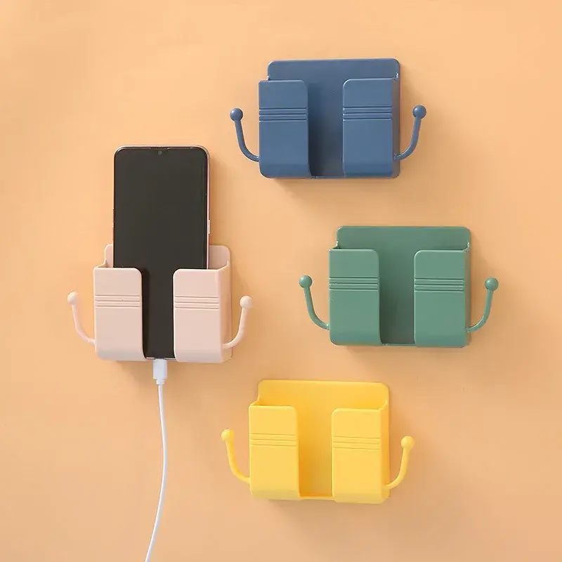Adhesive Wall Mount Phone Holder with Hooks, Storage Box ForMobile Phone Remote Control, Storage Box for Bedroom, Kitchen Tools