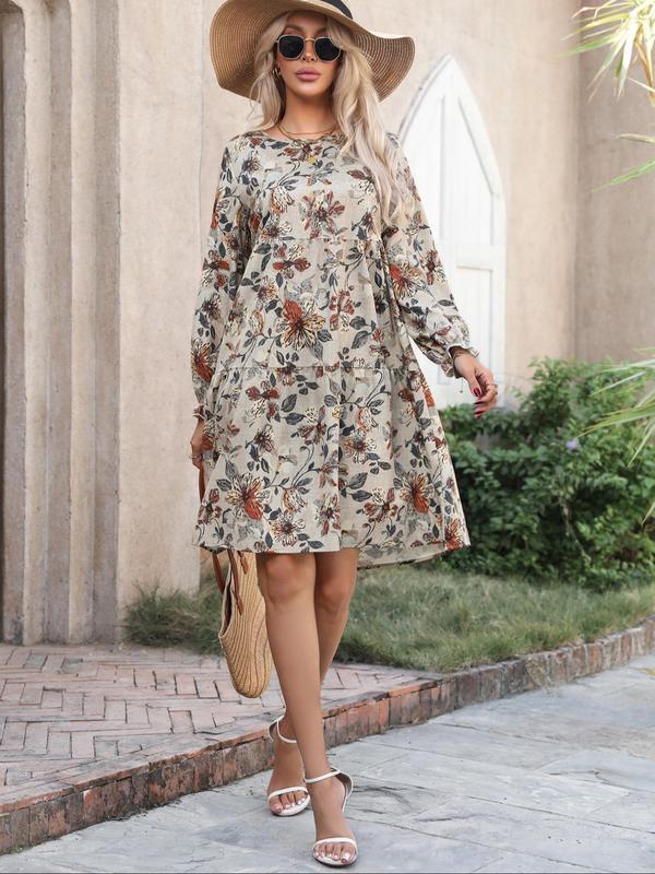 Women's All Over Floral Print Plicated Flounce Sleeve Dress, Casual Long Sleeve Round Neck Short Dress for Daily Wear, Ladies Clothes for All Seasons, Womenswear 8
