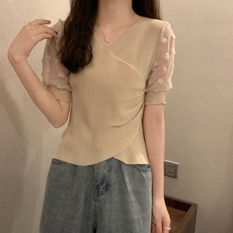 Product Introduction of Áo Thun Thiết Kế Voan Dáng Ôm, Knatwear, Cổ Chữ V, Ngắn, Dành Cho Nữ, Màu Đỏ Ngủ, Quần Áo Nữ 4