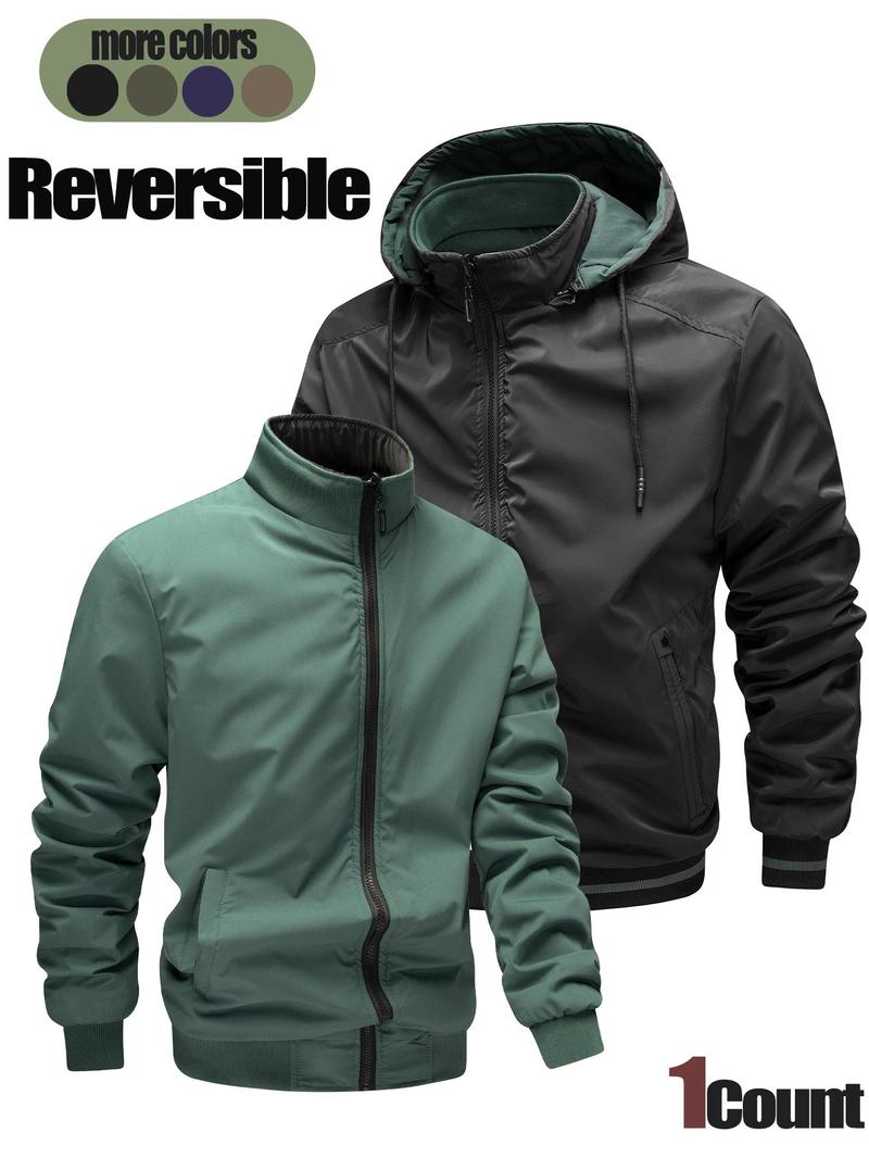 Product Introduction of Men's Solid Color Reversible Pocket Zipper Removable Hooded Jacket, Loose Casual Waterproof Windproof Drawstring Long Sleeve Outerwear for Fall & Winter, Men's Clothes for Daily Wear 1
