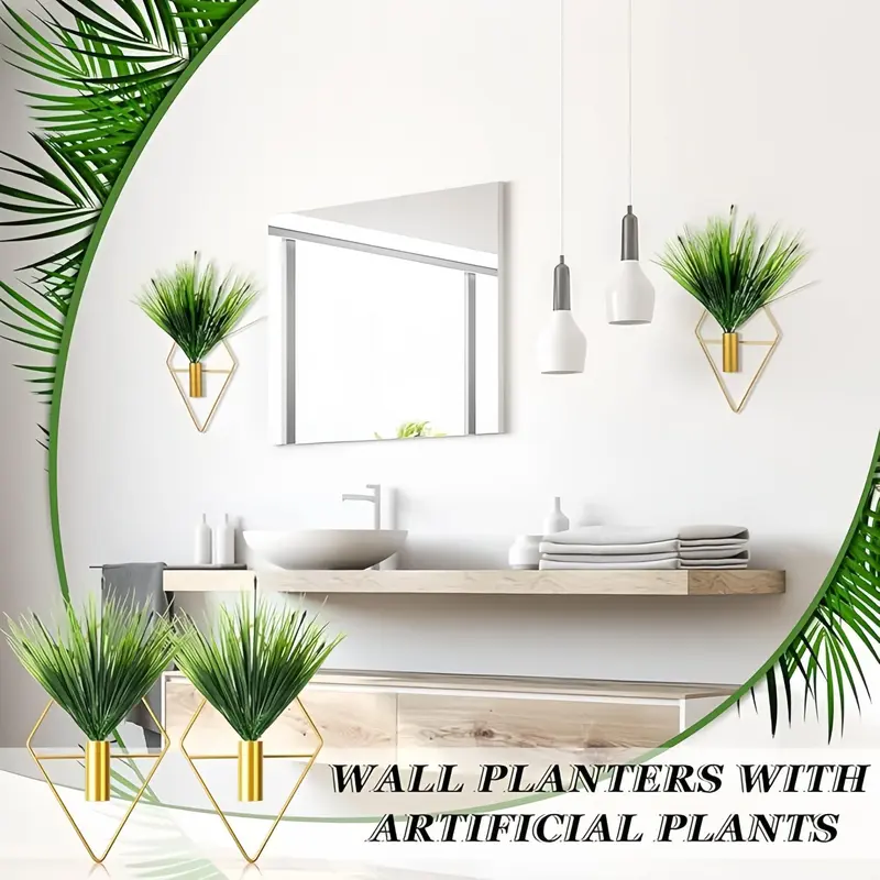 Metal Wall Hanging Decor, 1 Pair Geometric Design Wall Hanging Plant Holder with Artificial Plant, Modern Wall Art for Home Bedroom Living Room Office 3