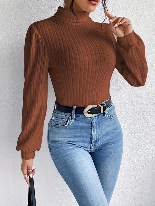 Women's Plain Bishop Sleeve High Neck Knit Top, Casual Long Sleeve Ribbed Knitwear for Fall & Winter, Women's Knit Clothing for Daily Wear 3