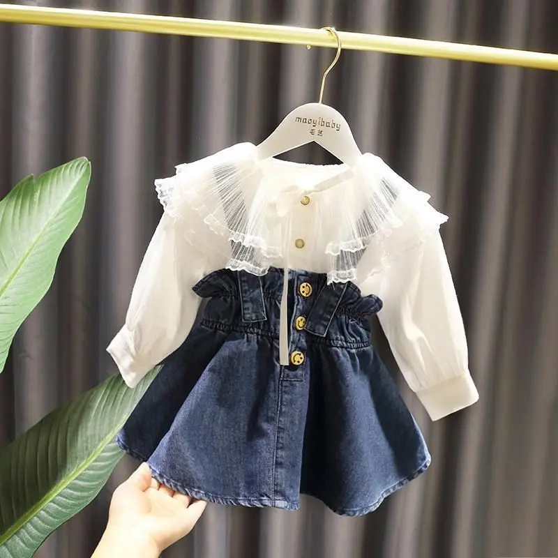 Bộ Đồ Hai Mảnh Cho Bé Gái, Áo Sơ Mi Váy Hai Dây Denim Mùa Thu, Váy Phù Hợp Với Bé Một Tuổi, Phong Cách Phương Tây, Thích Hợp Cho Bé Gái Một Tuổi Sandal