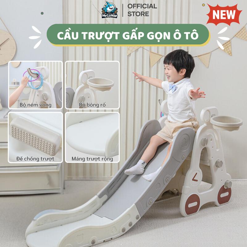Cầu Trượt Cho Bé Hình Ô Tô, Cầu Trượt Cho Bé Loại To Kèm Đồ Chơi Ném Vòng Và Bóng Rổ Cho Bé Rèn Luyện Thể Chất KS03