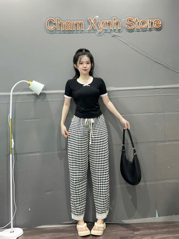 Bộ Set Áo Body và Quần Dài Phối Ren Kèm Quần Baggy Đũi Caro - Nhung - Cỡ Lớn Cộng - Nữ