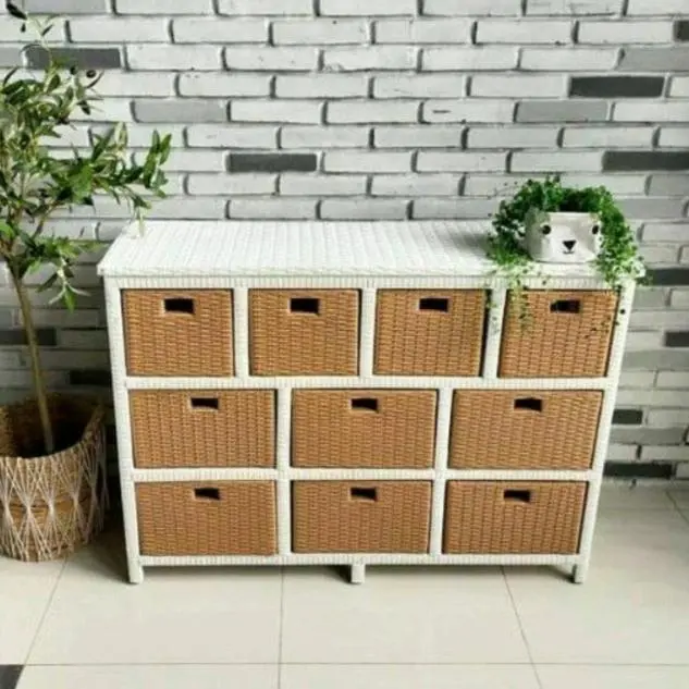 Lemari Susun 10 Laci Ukuran Standar Rotan Sintetis Rak Meja TV Bufet Serbaguna Kayu Asli Furniture 3
