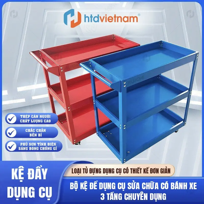 Xe đẩy dụng cụ đồ nghề 3 tầng sơn tĩnh điện có hệ thống bánh xe xoay 360 độ, dễ dàng di chuyển