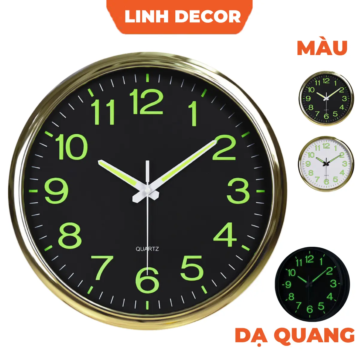 Đồng Hồ Treo Tường Dạ Quang Mạ Viền Decor Trang Trí Phòng Khách T03 - Đồng Hồ Treo Tường LINH DECOR Trang Trí Nhà quatang