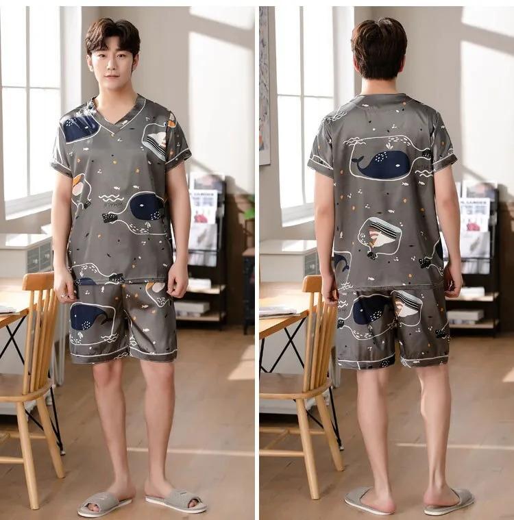 Product Introduction of Men's Pajamas Summer Fashion V-Neck Thin Ice Silk Short-Sleeved Shorts Nightie Two Piece 2024 New Boys Casual Sleepwear Nightie 31