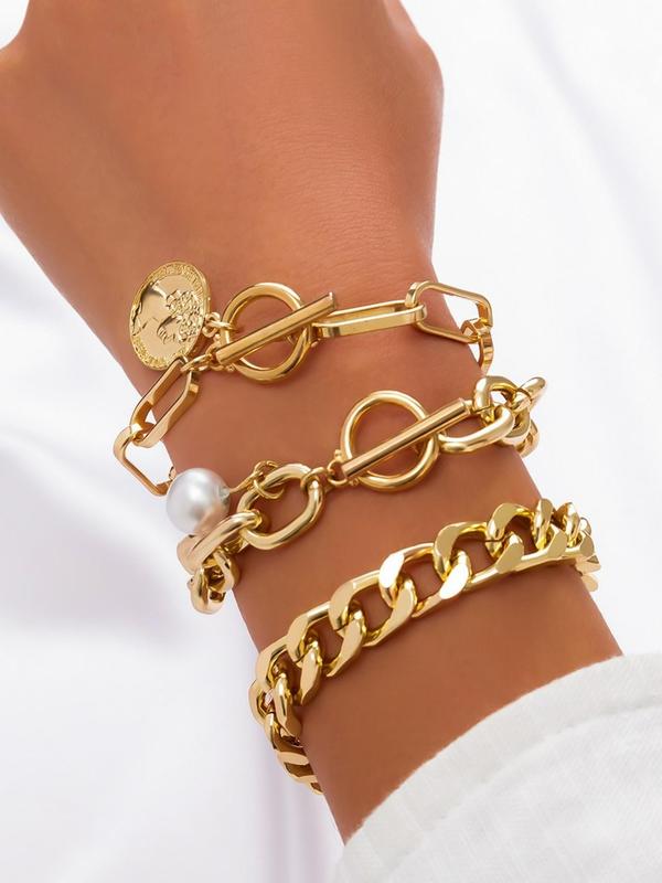Vintage Chain & Faux Pearl Design Link Bracelet (3pcs), Fashion Punk Chunky Chain Bracelet for Party, Daily Clothing Decor, Trendy All-match & Exquisite Maximalist Jewelry for Birthday Gift 3