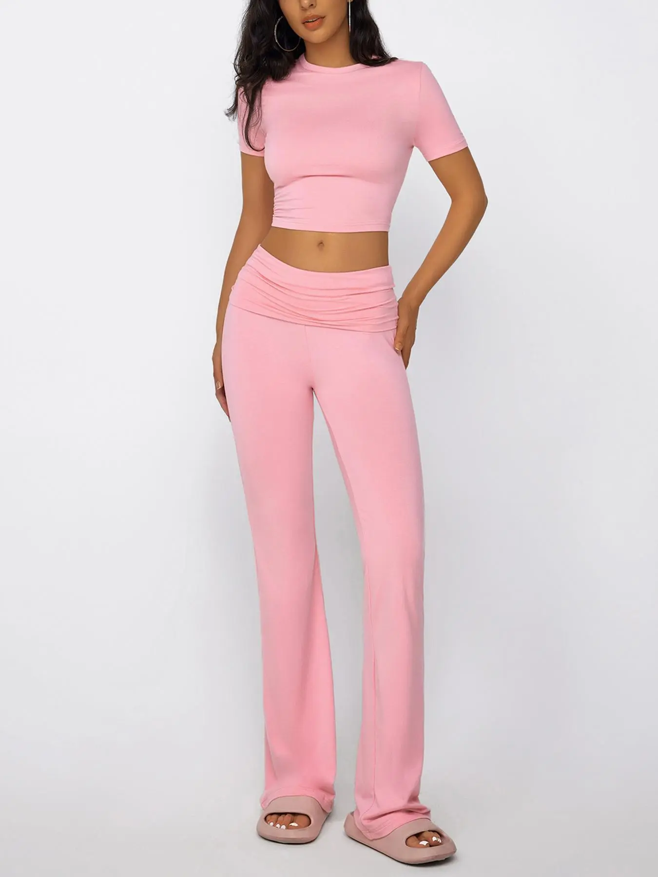 Two-piece Set Women's Solid Round Neck Crop Tee & Flare Leg Pants, Casual Short Sleeve Top & Bell Bottom Trousers for Daily Wear, Ladies Summer Clothes, Two Piece Casual Set Rownd,  Vmas 2024 Fit