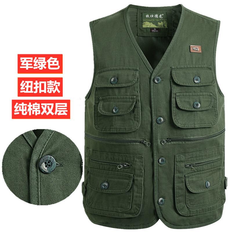 Product Introduction of Spring and Autumn Pure Cotton Men's Vest Middle-Aged and Elderly Hurdle Vest Jacket Men's Dad Button with Buttons Multi-Pocket Vest Menswear Tops Lingerie Gilet Waistcoat Beige Plain Human Tropical 28