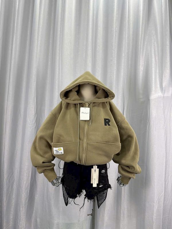 Áo Khoác Hoodie Dây Kéo Thêu LOGO R Vải Nỉ PE Phối Túi Nón lớn From Croptop Rộng Phong Cách Hàn Quốc Hot Trend áo  khoác  nỉ  dày  dặn 5