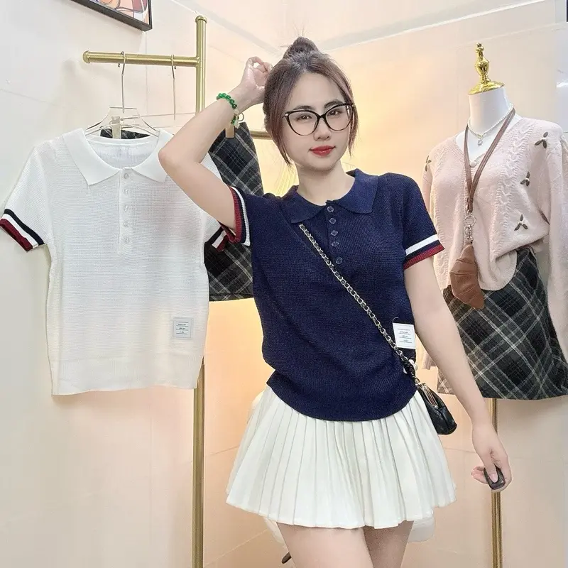 Áo len dệt kim cổ bẻ thiết kế xuân hè mỏng nhẹ