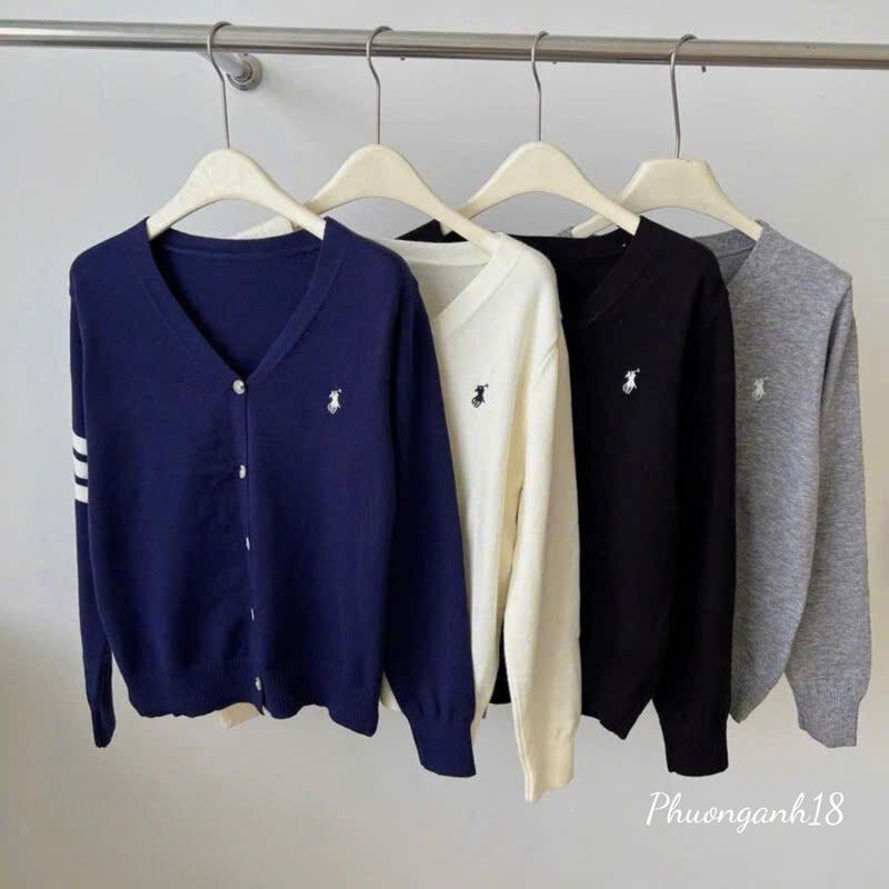Áo  khoác len cardigan cổ tim thêu logo ngựa kẻ tay hàng quảng châu Nữ Women