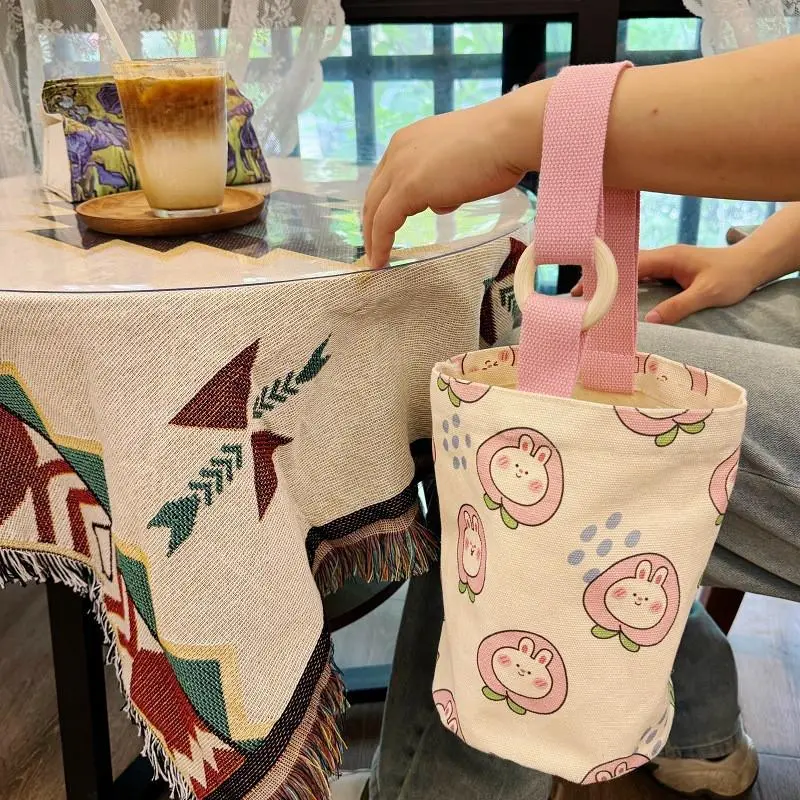 Túi vải canvas đựng bình ly giữ nhiệt có quai xách cute, Túi đựng bình hoạ tiết hoạt hình gấu trúc xinh xắn 7