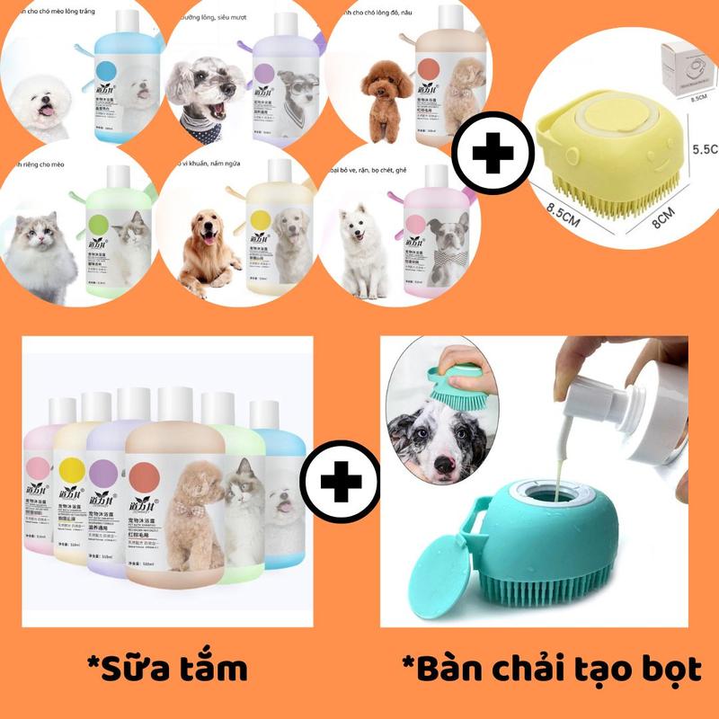 MẪU MỚI Combo sữa tắm chó mèo và Bàn chải tắm silicon có nút mở đựng sữa tắm
