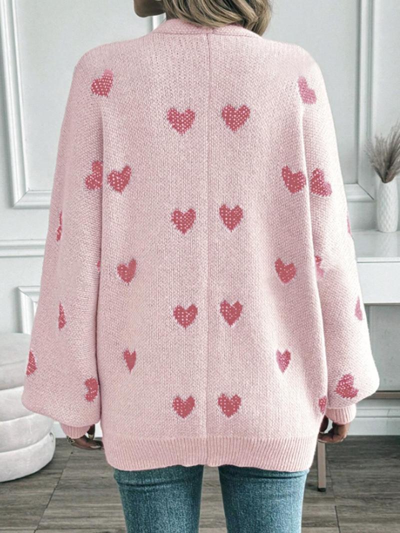 Product Introduction of Women's Heart Print Bishop Sleeve Cardigan, Valentine's Day Casual Long Sleeve Open Front Knitwear for Spring & Fall,  Cardigans for Women, Fashion Women's Knit Clothing for Daily Wear, Gift 8
