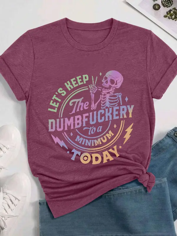 Women's Letter & Skeleton Print Round Neck Graphic Tee, Vintage Trendy Casual Short Sleeve T-shirt for Daily Wear, Ladies Summer Outfit 3