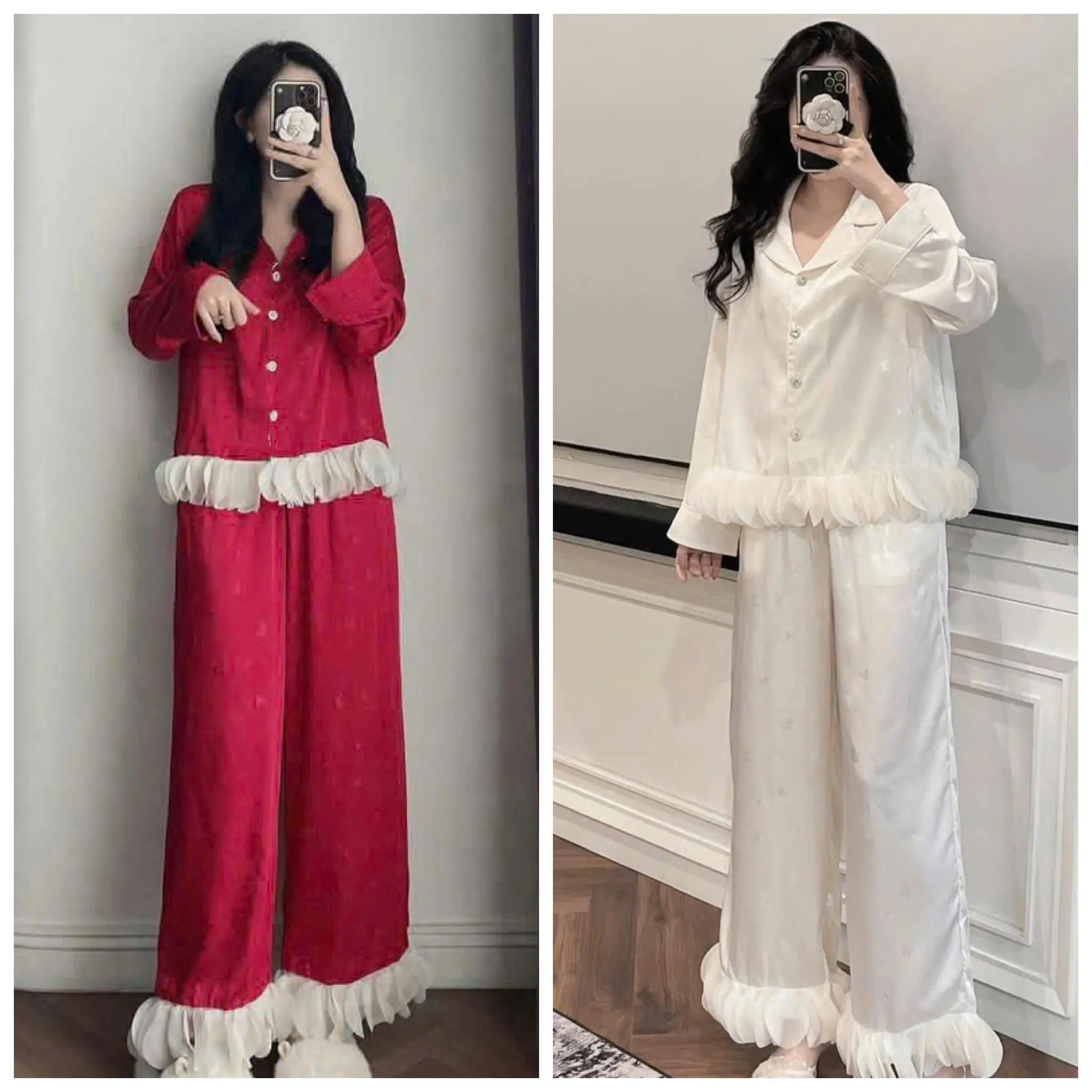 Đồ Bộ Nữ Mặc Nhà Viền Lá Tròn Xinh Xắn, Áo Nút Ngọc Chất Lụa Latin Mềm Mịn Free Size Từ 40-58kg Women Quần Ngủ Đỏ
